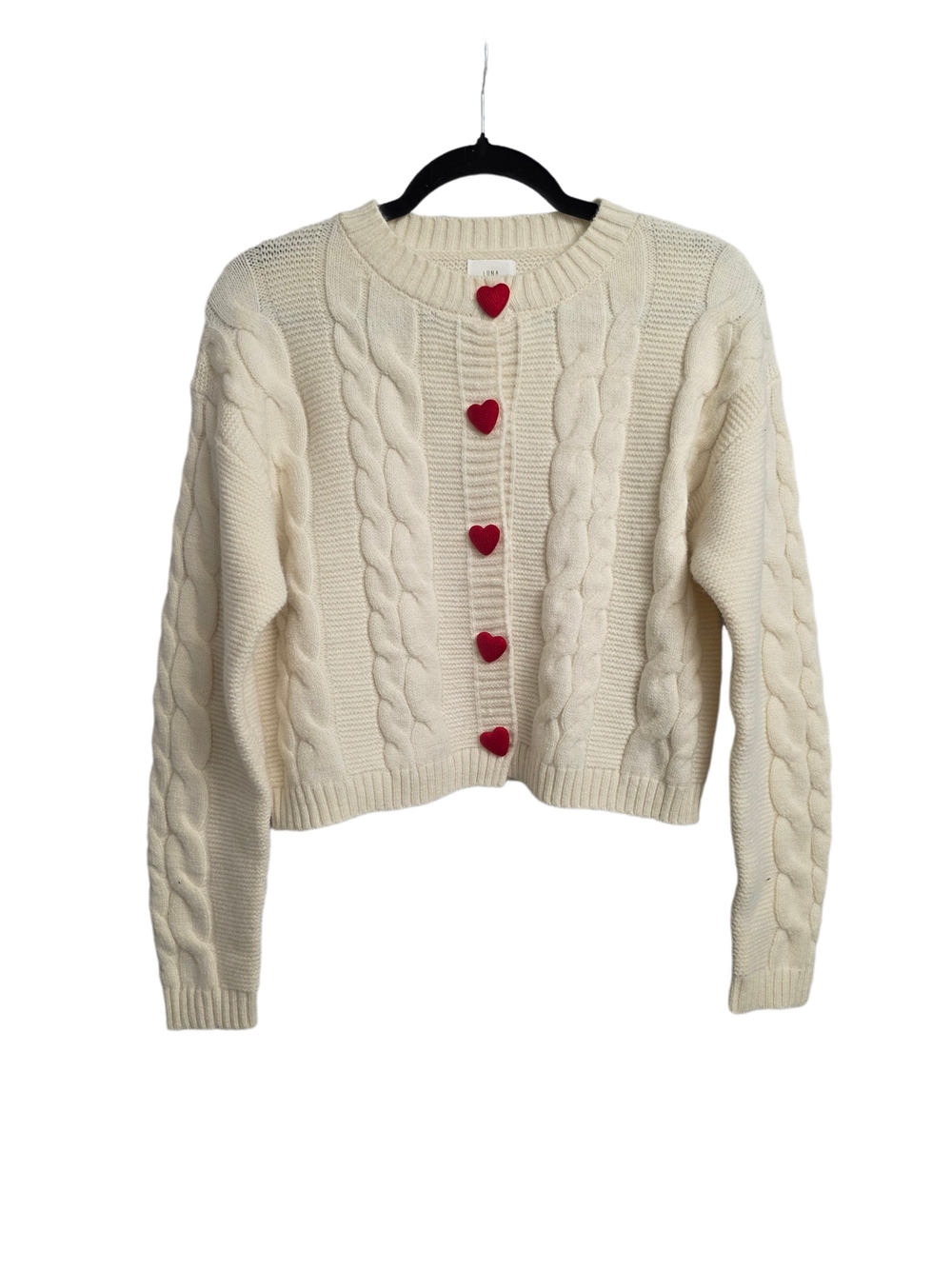 Luna Ivy White Cable Knit Cardigan with Red Heart Buttons Size XS